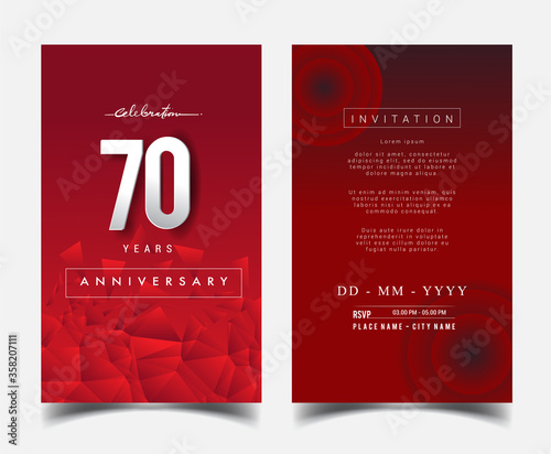 70th Years Anniversary Invitation/Greeting Card with Flat Design and Elegant, Isolated on Red Background. Vector illustration.