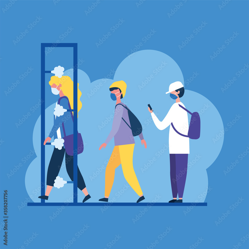 Kids with masks and sanitizer machine vector design Kids with masks and sanitizer machine vector design