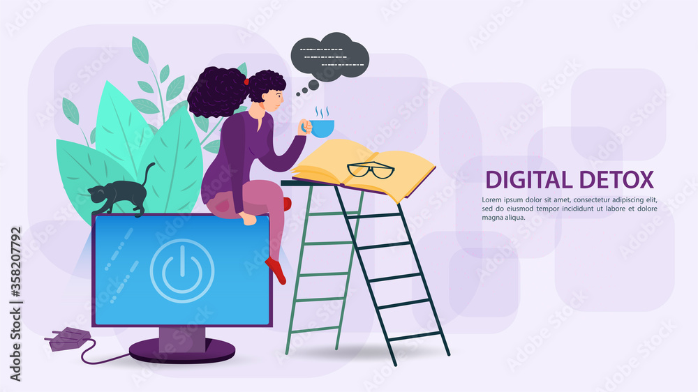 Digital detox banner concept for web and mobile sites a Girl reading a book sitting on a computer monitor flat vector illustration