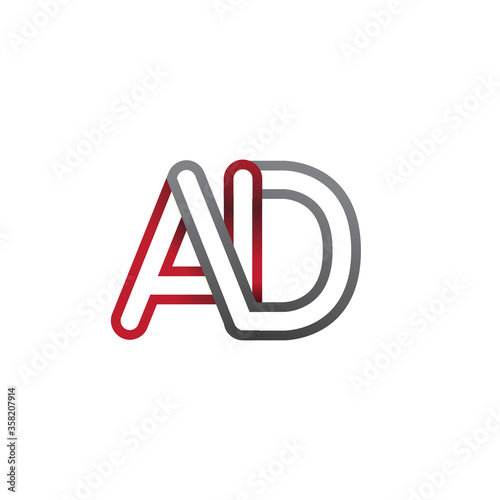 initial logo letter AD, linked outline red and grey colored, rounded logotype