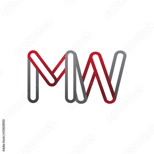 initial logo letter MW, linked outline red and grey colored, rounded logotype