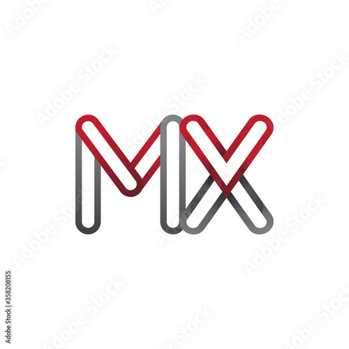 initial logo letter MX, linked outline red and grey colored, rounded logotype