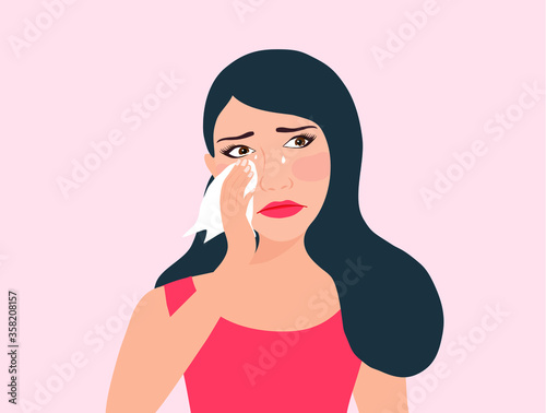 Beautiful young woman crying and wiping tears from her eyes. Woman suffering from  depression, despair, sadness and broken heart vector illustration 
