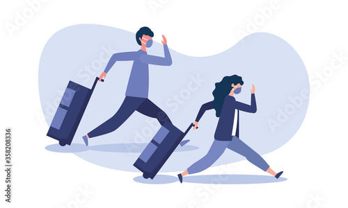 Man and woman with medical mask and bag vector design
