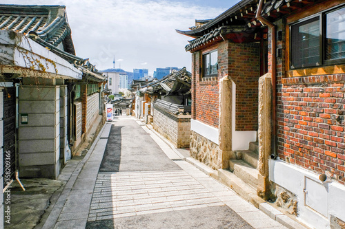 Bukchon Hanok Village And Seoul tower in daylight at Seoul, South Korea.