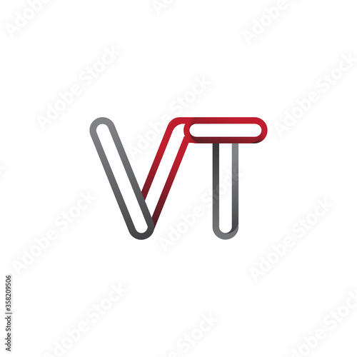 initial logo letter VT, linked outline red and grey colored, rounded logotype