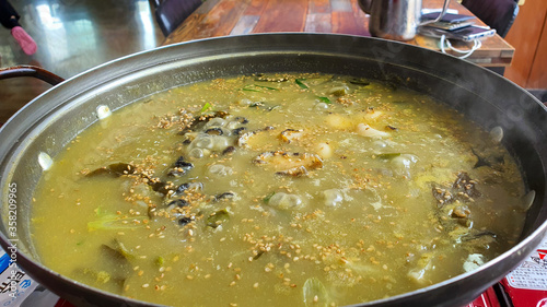 Korean food Jeonbok-juk (Abalone Rice Porridge). abalone stew Jeju Island