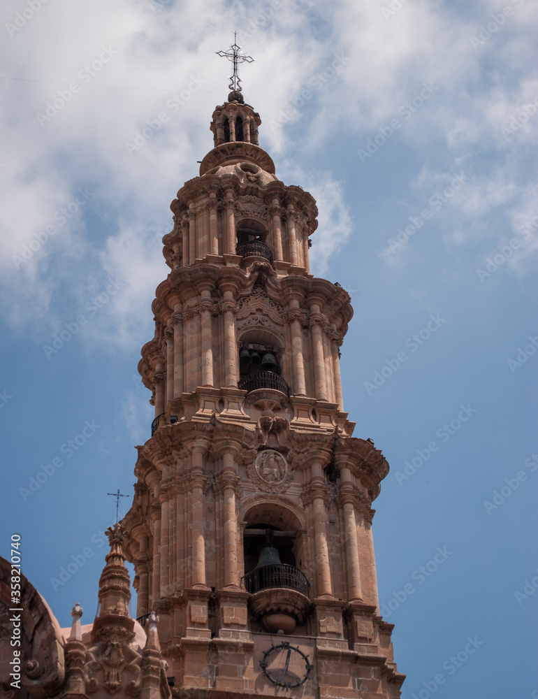 Nuestra Señora de la Asuncion cathedral, city’s main church, whose baroque style front is extremely detailed, Lagos de Moreno Mexican Town