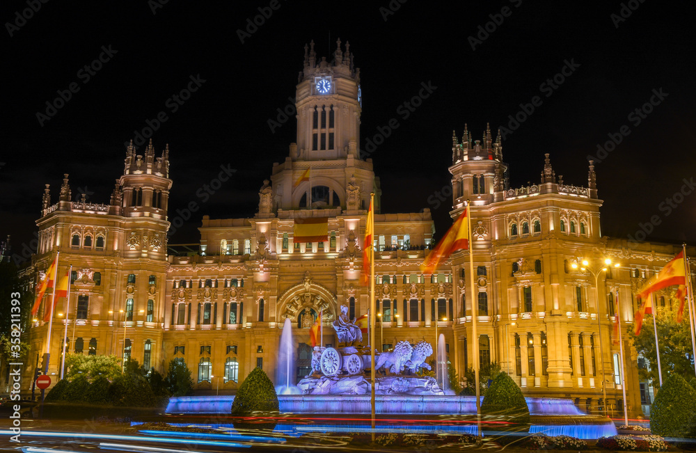 Beautiful night view of Cibeles Square (Plaza de Cibeles) - Madrid, Spain