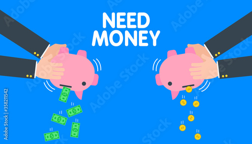 business men hands shake piggy bank with falling money
