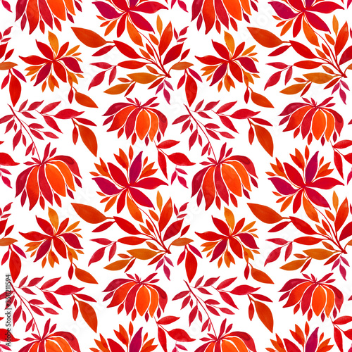 Seamless pattern watercolor hand-drawn orange and red flower chrysanthemum or lily and autumn leaves on white background. Art creative nature object for sticker, card, wallpaper, textile, wrapping.