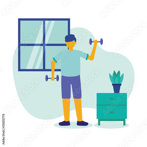 Man doing exercise with weights at home vector design