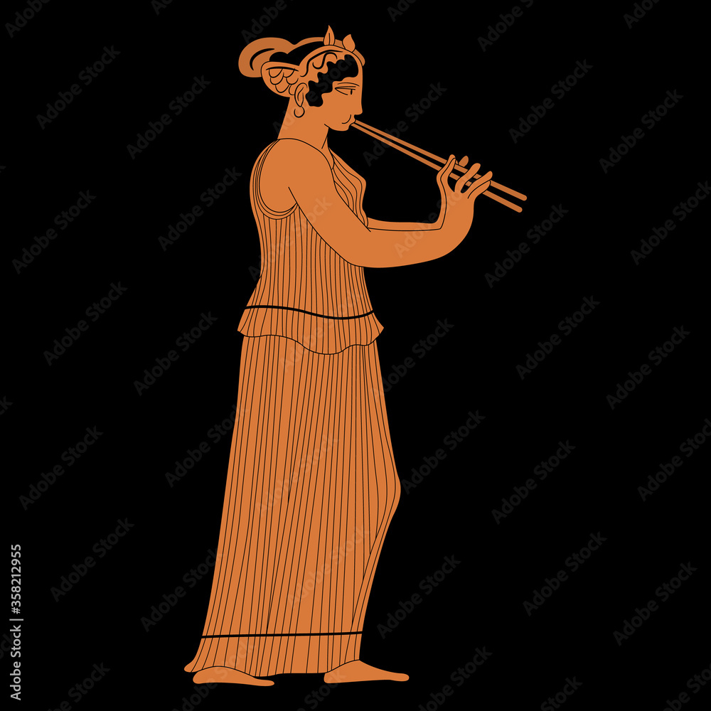 Ancient Greek girl playing double flute aulos. Vase painting style.  Isolated vector illustration. Stock Vector | Adobe Stock