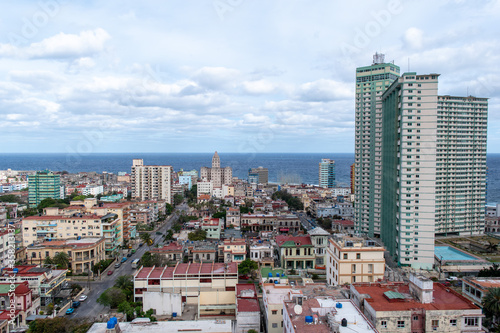 Aerial views of Havana, Cuba. Skyline cityscape with view of ocean and malecon coast. 