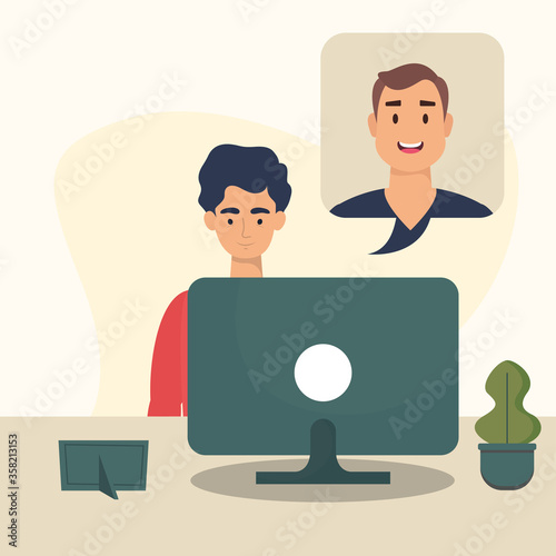 Man with computer on desk vector design