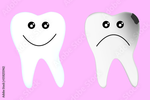 The tooth is happy and the tooth is sad. Funny vector in cartoon style. Illustration of oral hygiene. Cute image of toothache, tooth decay. Stock Photo.