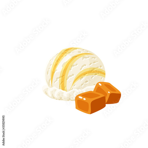 Caramel ice cream scoop. Design template for promo, menu, flyer. Vector illustration cartoon flat icon isolated on white.