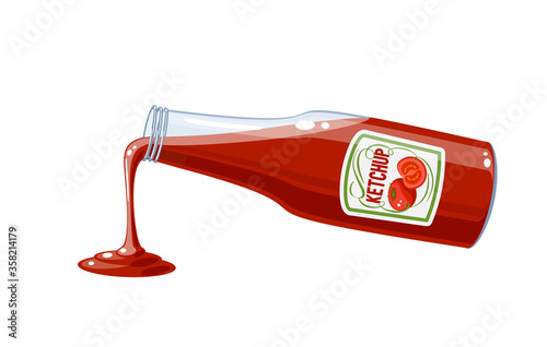 Tomato ketchup bottle pouring sauce, vector illustration cartoon icon isolated on white.