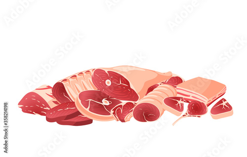 Meat cuts pile - beef, pork, lamb, round steak, boneless rump, whole leg, rib roast, loin and rib chops, rustic belly, ground meat, meat cubes for stew. Cartoon vector illustration isolated on white.