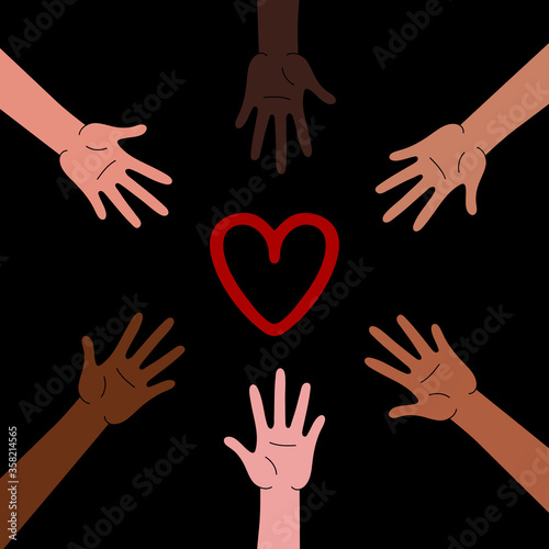 Hands multinational organized in a circle, reaching for red heart. Anti racism, racial equality, different colors same blood concept.Black lives matter, stop racism, equality banner poster.democracy, 
