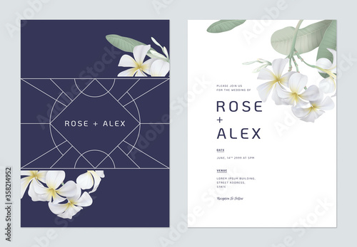 Floral wedding invitation card template design, white plumeria flowers  with leaves on dark purple and white