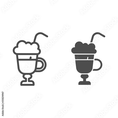 Latte with cream in glass line and solid icon, beverage concept, Latte coffee with whipped cream sign on white background, Glass of hot latte macchiato icon in outline style, mobile. Vector graphics.