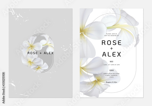 Floral wedding invitation card template design, white plumeria flowers  with leaves on bright grey and white