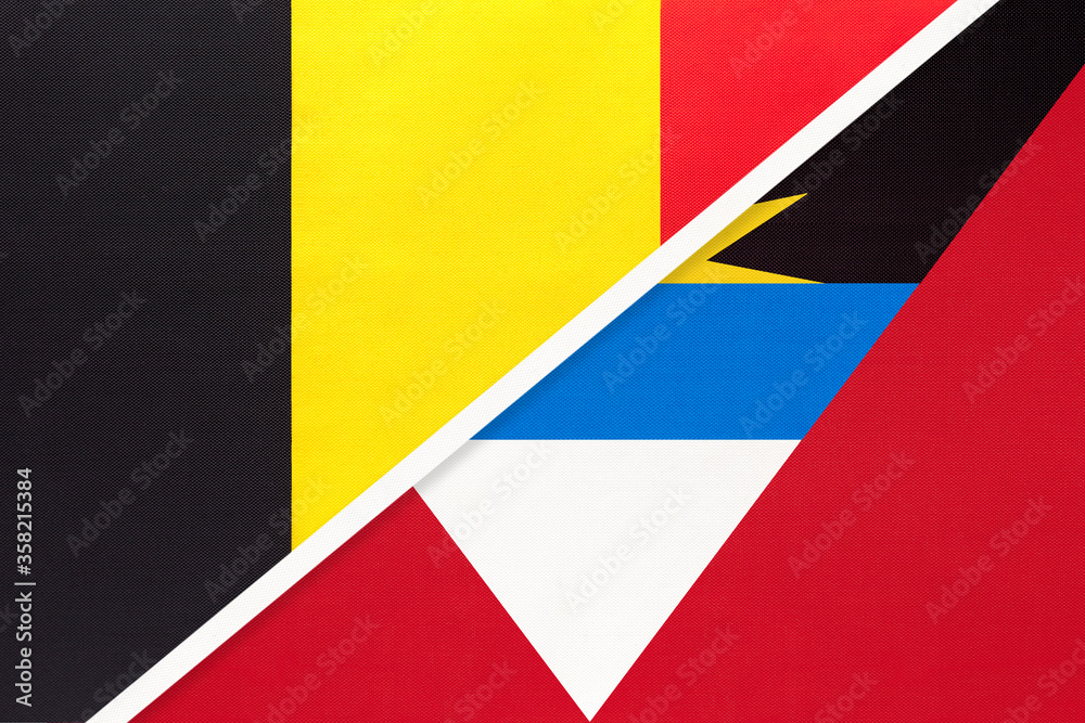 Belgium and Antigua and Barbuda, symbol of two national flags from textile. Championship between two countries. Belgium and Antigua and Barbuda, symbol of two national flags from textile. Championship between two countries.