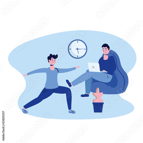 Man with laptop on puf and other doing yoga vector design
