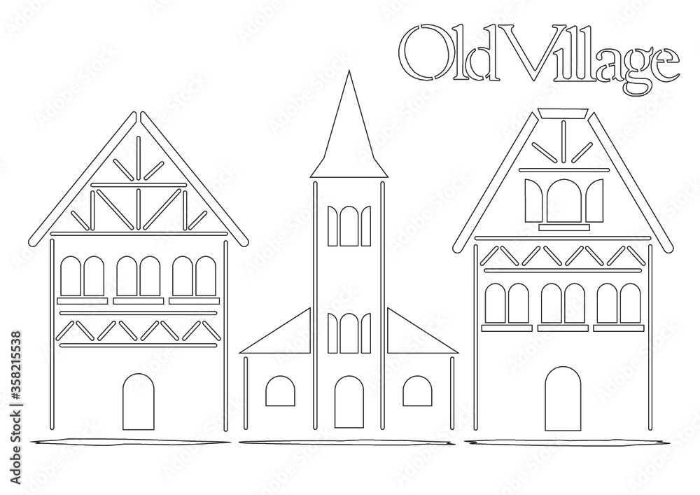 오래된마을, village stencil, 집일러스트, 마을일러스트, 라인일러스트, village illustration