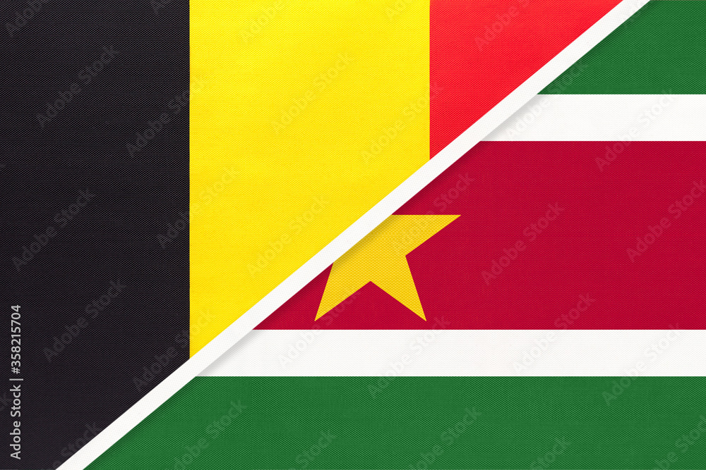 Belgium and Suriname, symbol of two national flags from textile. Championship between two countries. Belgium and Suriname, symbol of two national flags from textile. Championship between two countries.