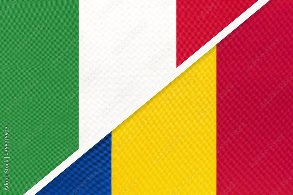 Italy and Romania, symbol of two national flags from textile. Championship between two European countries. Italy and Romania, symbol of two national flags from textile. Championship between two European countries.