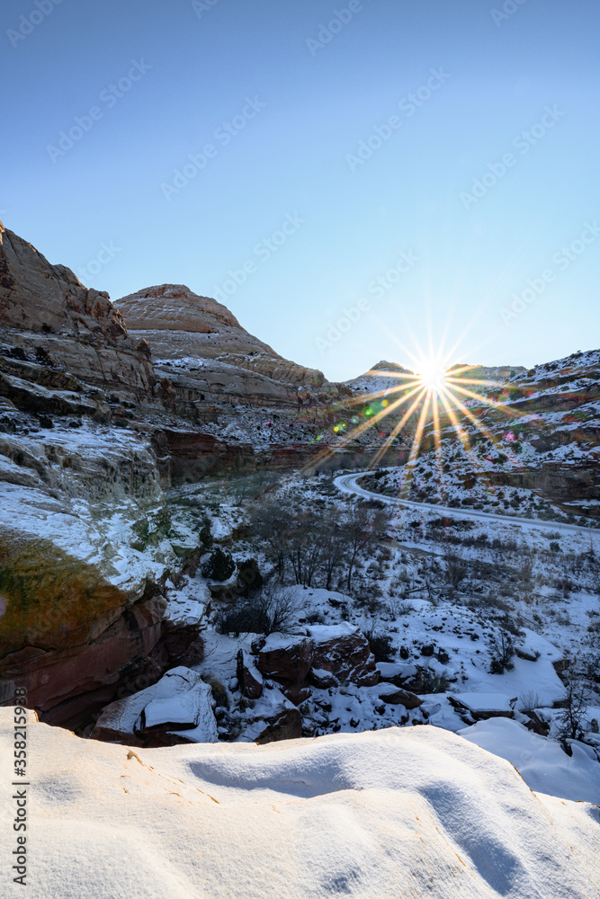 Sunrising on Capitaldome covered by snow at Capitol Reef National Park