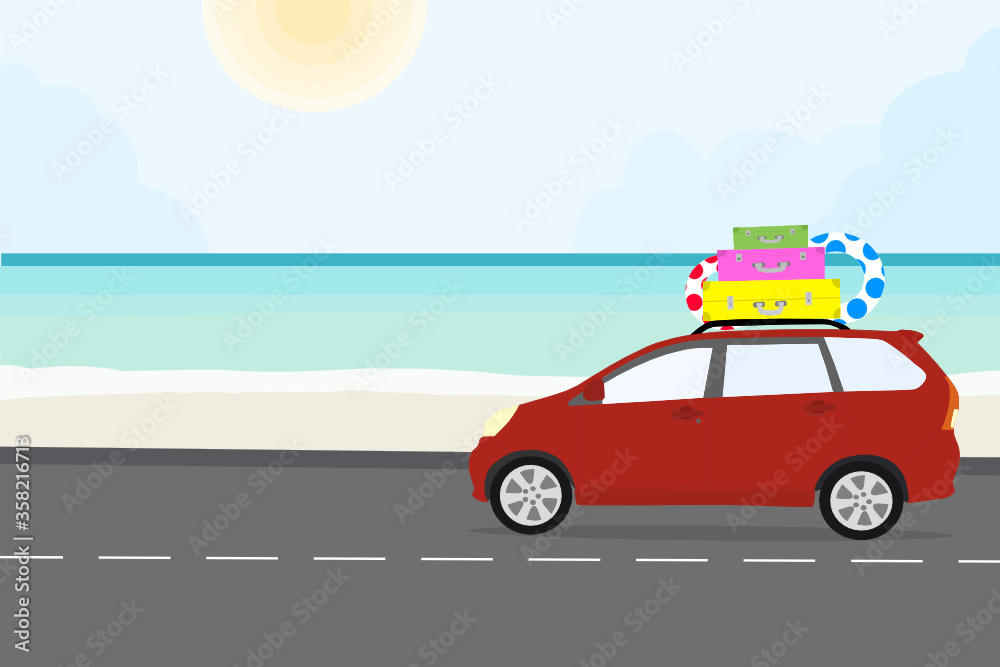 the red car with travel bags and inner tubes on the rack is driving on the road along the beach. the summer trip vacation. family together on the holiday. The relaxing tropial adventure.