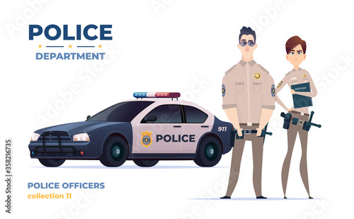 Cartoon police officers man and woman team. Public safety officers with police car. Guardians of law and order.
