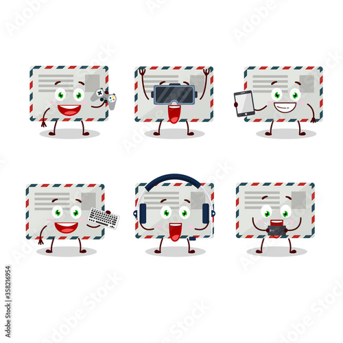 Envelope cartoon character are playing games with various cute emoticons