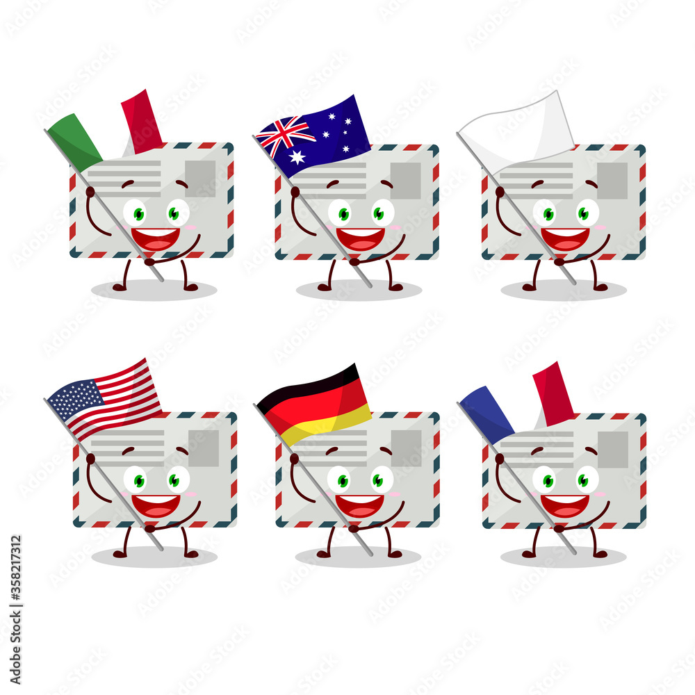 Envelope cartoon character bring the flags of various countries Envelope cartoon character bring the flags of various countries