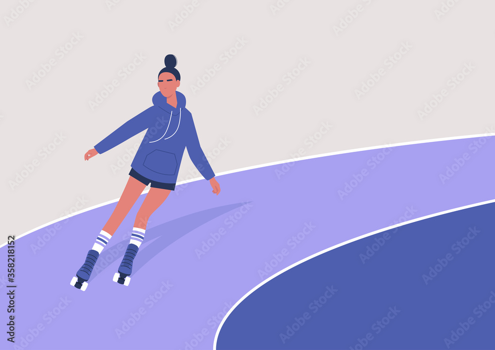 Fototapeta premium A young girl roller skating on a rink, leisure activity, quad skates with laces