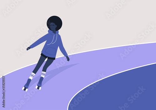A young black girl roller skating on a rink, leisure activity, quad skates with laces