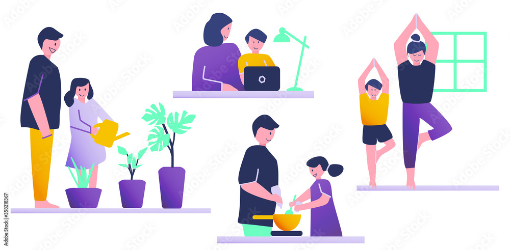 Flat design of home activity between parents and kids, father and daughter are gardening and cooking, mother and son studying and doing yoga together. 