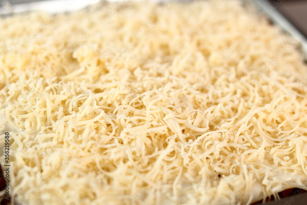 Grated cheese on top layer. Making Lasagna Bolognese Series. Grated cheese on top layer. Making Lasagna Bolognese Series.