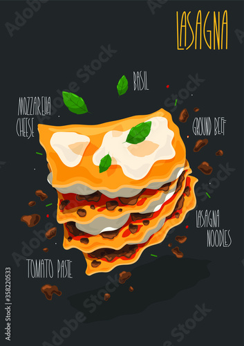 Traditional Italian Lasagna with minced meat and tomato sauce. Vector illustration