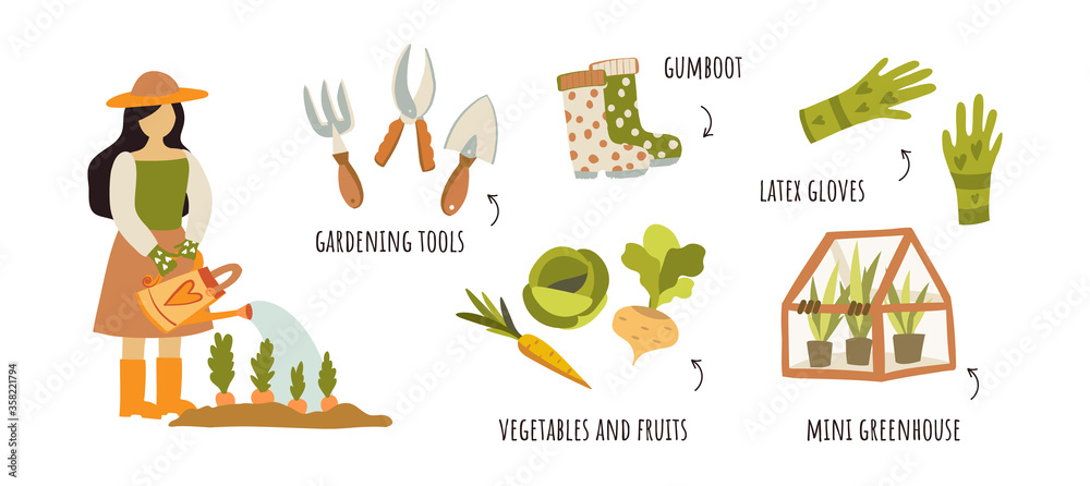 Cute hand drawn flat instructions on how to water a vegetable garden from a watering can, including a girl, a greenhouse, vegetables, rubber boots, rubber gloves. Instruction, tutorial, infographics