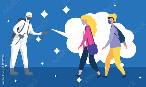 Man with protective suit spraying boy and girl vector design