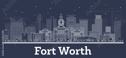 Outline Fort Worth Texas City Skyline with White Buildings.