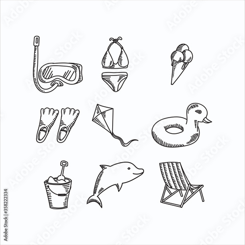 Collection of summer and holiday vector illustration in hand drawn style