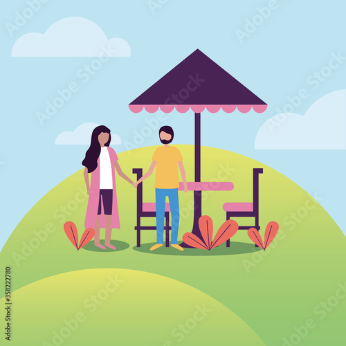 woman and man at park with umbrella table vector design