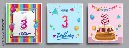 Vector Sets of 3rd Years Birthday invitation, greeting card Design, with confetti and balloons, birthday cake, Colorful Vector template Elements for your Birthday Celebration Party.