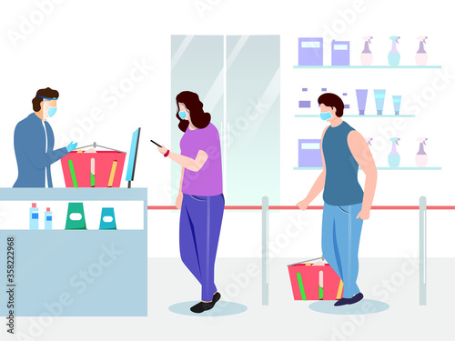 Illustration of Buyers wearing medical mask with product basket in front of supermarket store counter and maintaining social distance for Avoid Coronavirus.
