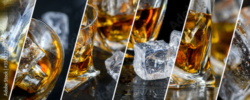 Foto Collage with glasses whiskey or other alcohol, cubes ice
